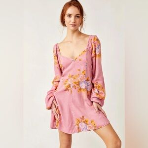 Free People Floral Pink Oversized Sleeve Mini Dress